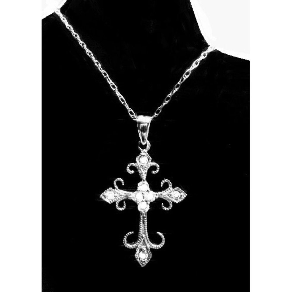 Solid 14k White Gold Genuine Diamonds Filigree Cross Necklace 18" New WOT - Picture 5 of 12